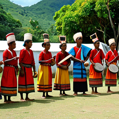 A group of Timorese people, men and women, engaging in a traditional cultural celebration outdoors. Women are fully clothed in vibrant, hand-woven *tais* with intricate geometric patterns, demonstrating modest and appropriate attire. Men are also fully clothed in traditional garments, playing large, resonant gongs and drums. They are performing a ceremonial dance with natural poses, expressing gratitude and respect. The setting is a sacred village ground surrounded by lush greenery, illuminated by natural daylight. The atmosphere is solemn yet celebratory, showcasing deep cultural heritage. This image emphasizes safe for work, appropriate content, fully clothed, perfect anatomy, correct proportions, well-formed hands, proper finger count, natural body proportions, professional photography, high quality, and family-friendly cultural expression.