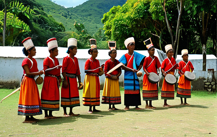A group of Timorese people, men and women, engaging in a traditional cultural celebration outdoors. Women are fully clothed in vibrant, hand-woven *tais* with intricate geometric patterns, demonstrating modest and appropriate attire. Men are also fully clothed in traditional garments, playing large, resonant gongs and drums. They are performing a ceremonial dance with natural poses, expressing gratitude and respect. The setting is a sacred village ground surrounded by lush greenery, illuminated by natural daylight. The atmosphere is solemn yet celebratory, showcasing deep cultural heritage. This image emphasizes safe for work, appropriate content, fully clothed, perfect anatomy, correct proportions, well-formed hands, proper finger count, natural body proportions, professional photography, high quality, and family-friendly cultural expression.