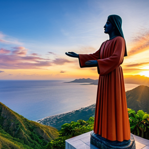 Dili Cristo Rei Sunset**

"A fully clothed woman in modest travel attire stands near the Cristo Rei statue in Dili, Timor-Leste, overlooking the ocean at sunset, appropriate content, safe for work, the sky is filled with vibrant colors, professional photography, perfect anatomy, natural proportions, well-formed hands, proper finger count, family-friendly."

**