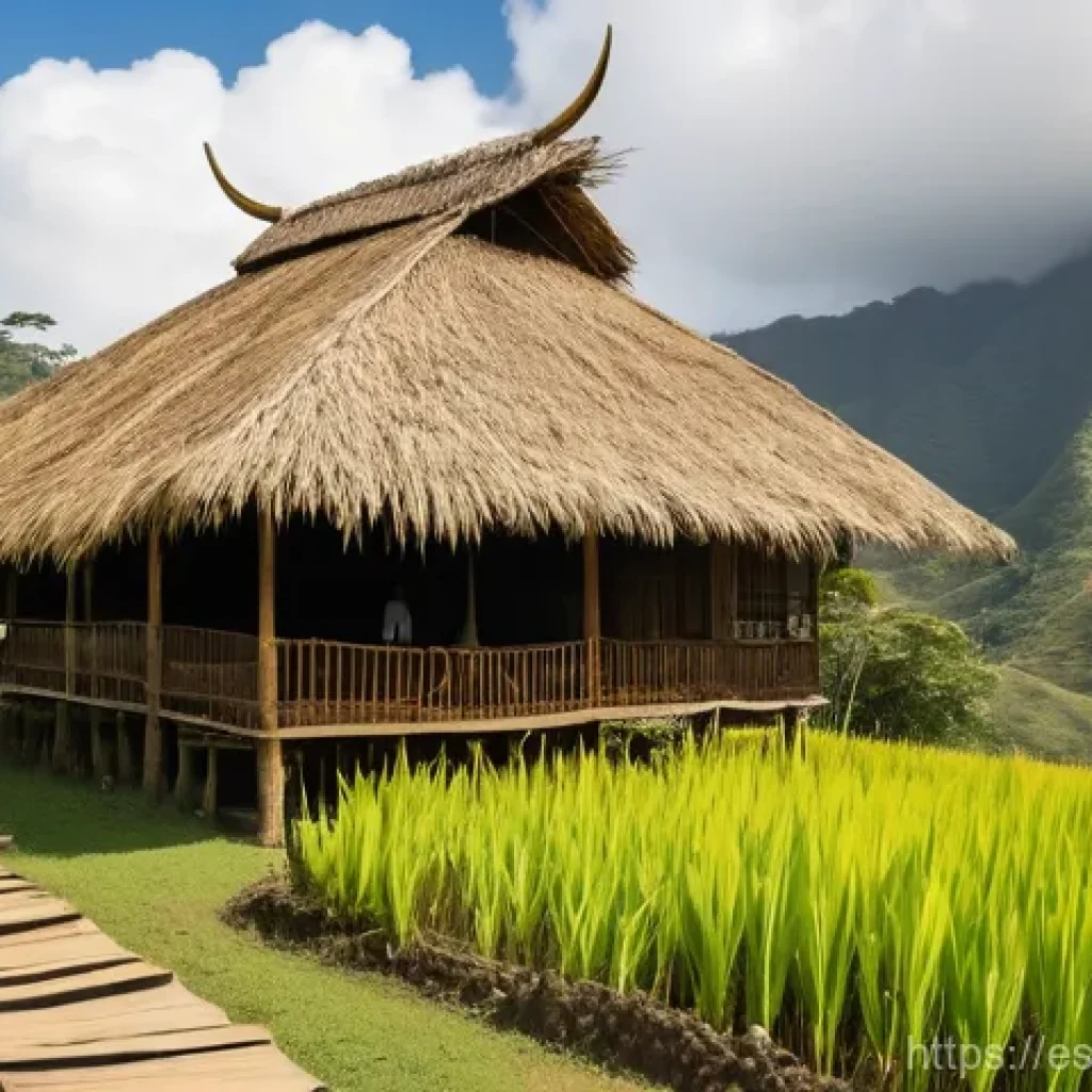 동티모르 전통 가옥 - **Prompt:** A majestic and ancient Uma Lulik (sacred house) in a lush, verdant valley of Timor-Leste...