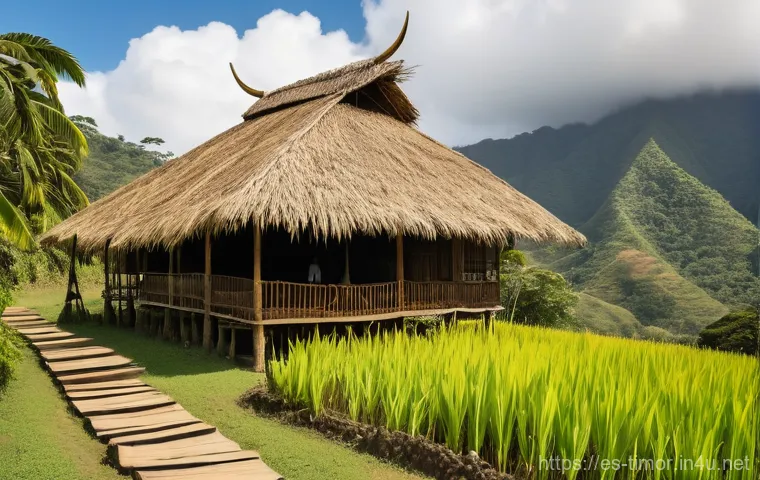 동티모르 전통 가옥 - **Prompt:** A majestic and ancient Uma Lulik (sacred house) in a lush, verdant valley of Timor-Leste...