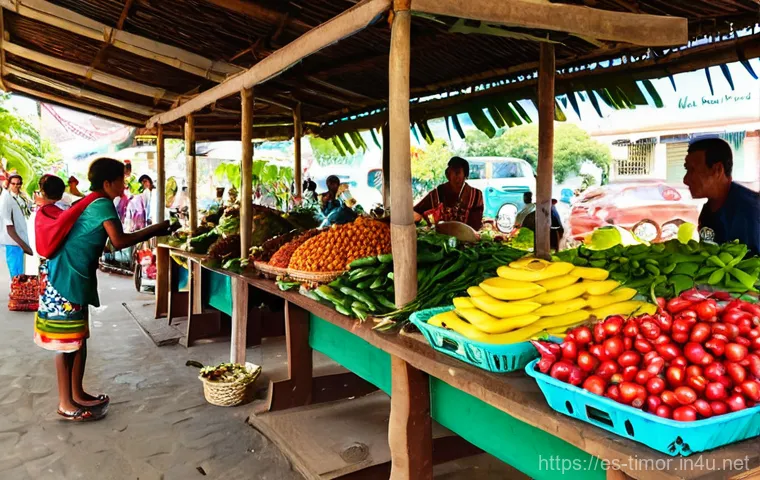 동티모르 요리법 - Prompt 1: Bustling East Timorese Market Scene**