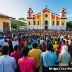 Home 17 동티모르 종교 분포 - A vibrant community gathering outside a large Catholic church in Dili, East Timor, during a major re...