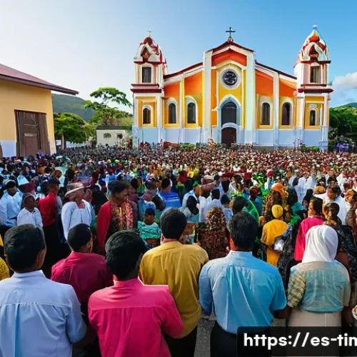 Home 11 동티모르 종교 분포 - A vibrant community gathering outside a large Catholic church in Dili, East Timor, during a major re...