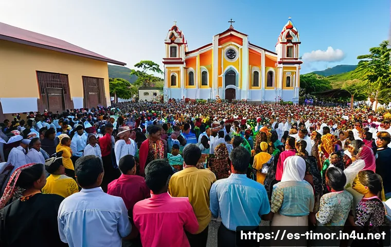 동티모르 종교 분포 - A vibrant community gathering outside a large Catholic church in Dili, East Timor, during a major re...