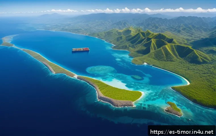 동티모르와 미국의 관계 - A detailed aerial view of Timor-Leste’s strategic maritime location in the Pacific, showing key ship...