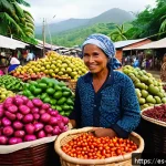 동티모르 전통 시장 탐방 - A vibrant traditional East Timorese market scene at dawn, featuring colorful stalls filled with fres...