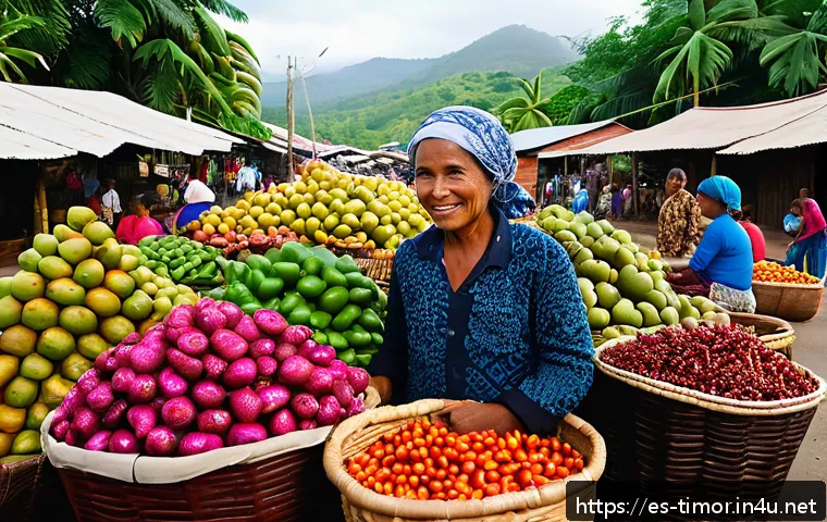 동티모르 전통 시장 탐방 - A vibrant traditional East Timorese market scene at dawn, featuring colorful stalls filled with fres...