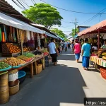 동티모르 한인 사회 - A vibrant multicultural street market scene in Dili, East Timor, showcasing Korean and Timorese smal...