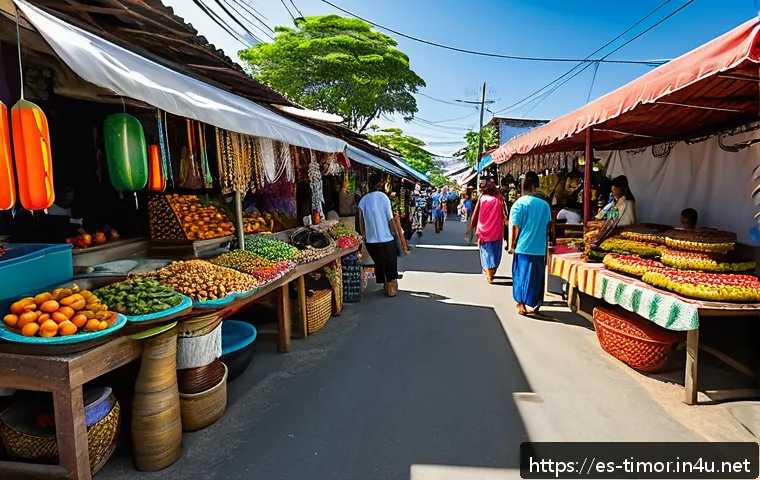 동티모르 한인 사회 - A vibrant multicultural street market scene in Dili, East Timor, showcasing Korean and Timorese smal...