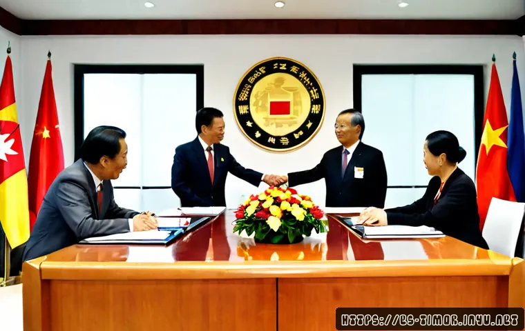 Home 17 동티모르와 중국의 관계 - Photorealistic diplomatic meeting between Timor-Leste and Chinese representatives in a bright modern...